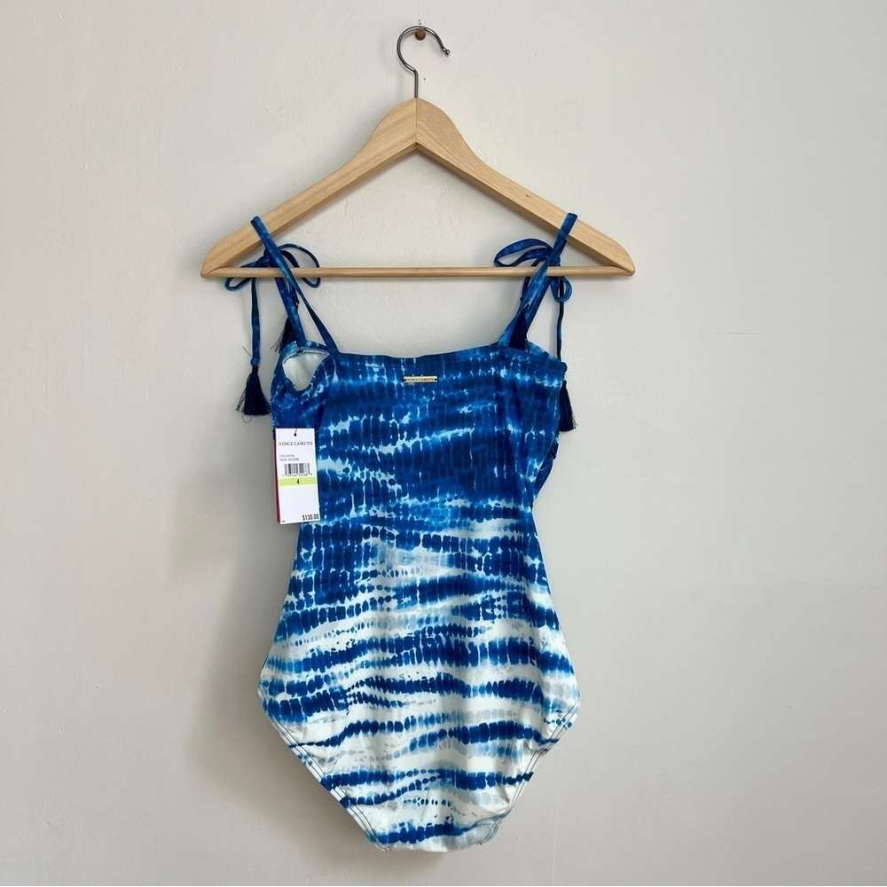 NEW Vince Camuto Blue Tie Dye V Wire Tassels Tie Bow Strap One Piece Swimsuit 4 - Picture 6 of 11